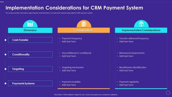 Technology Transformation Toolkit To Enhance Customer Service Implementation Considerations For CRM Payment System Infographics PDF