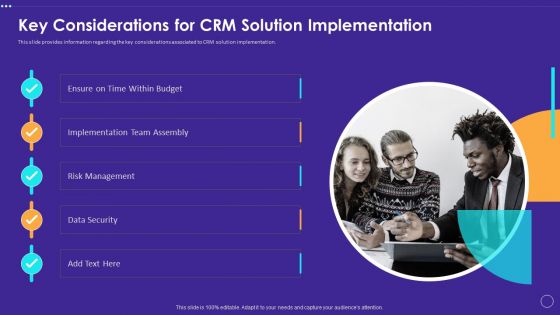 Technology Transformation Toolkit To Enhance Customer Service Key Considerations For CRM Solution Implementation Slides PDF