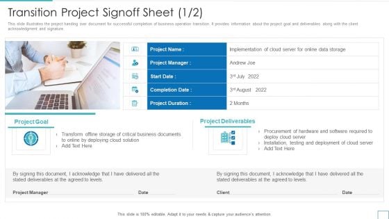 Technology Upgradation Action Plan Transition Project Signoff Sheet Ppt Visual Aids Diagrams PDF