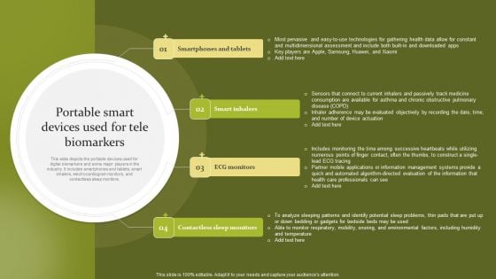 Telehealth Portable Smart Devices Used For Tele Biomarkers Icons PDF