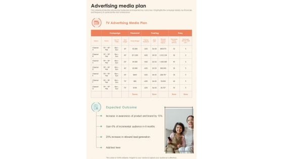 Television Commercial Service Advertising Media Plan One Pager Sample Example Document