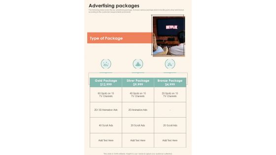 Television Commercial Service Advertising Packages One Pager Sample Example Document