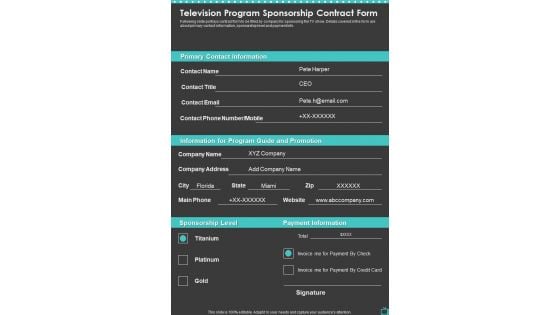 Television Program Sponsorship Contract Form One Pager Sample Example Document