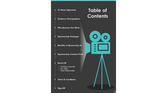 Television Program Sponsorship Proposaltable Of Contents One Pager Sample Example Document Television Program Sponsorship Proposaltable Of Contents One Pager Sample Example Document