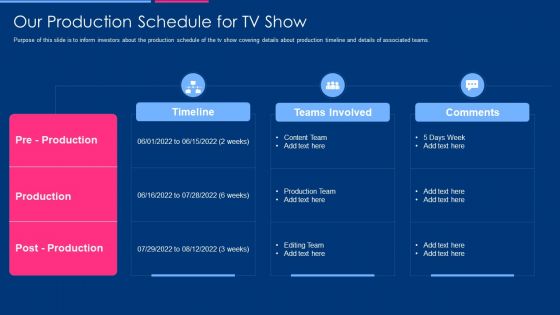 Television Show Fundraising Pitch Deck Our Production Schedule For Tv Show Template PDF