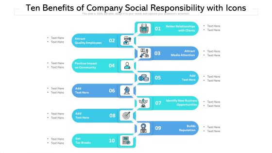 Ten Benefits Of Company Social Responsibility With Icons Ppt PowerPoint Presentation Infographic Template Deck PDF