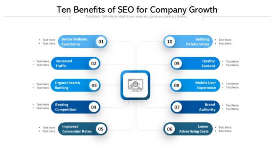 Ten Benefits Of SEO For Company Growth Ppt PowerPoint Presentation Ideas Gallery PDF