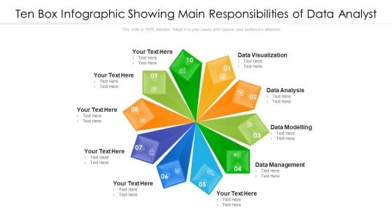 Ten Box Infographic Showing Main Responsibilities Of Data Analyst Ppt PowerPoint Presentation File Deck PDF