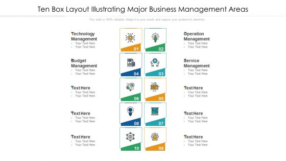 Ten Box Layout Illustrating Major Business Management Areas Ppt PowerPoint Presentation File Outline PDF