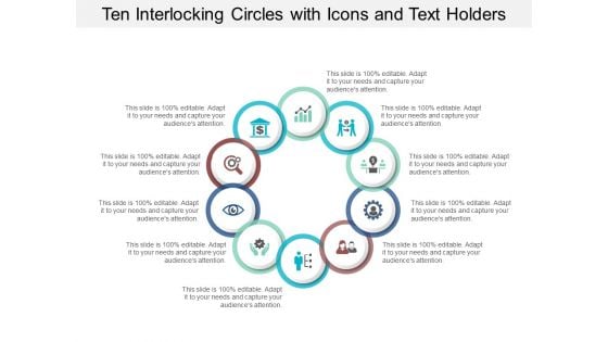 Ten Interlocking Circles With Icons And Text Holders Ppt PowerPoint Presentation Slides Maker