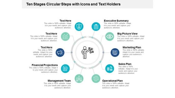 Ten Stages Circular Steps With Icons And Text Holders Ppt Powerpoint Presentation Pictures Slides