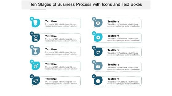 Ten Stages Of Business Process With Icons And Text Boxes Ppt PowerPoint Presentation Inspiration Brochure