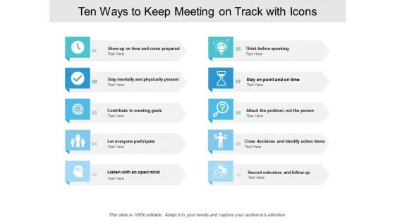 Ten Ways To Keep Meeting On Track With Icons Ppt PowerPoint Presentation Infographics Portrait