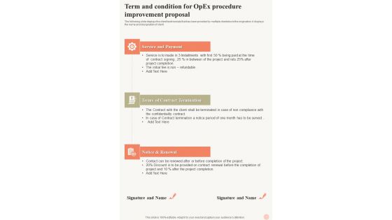 Term And Condition For Opex Procedure Improvement Proposal One Pager Sample Example Document Term And Condition For Opex Procedure Improvement Proposal One Pager Sample Example Document