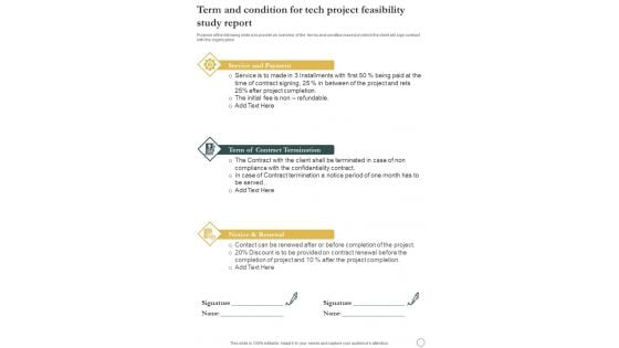 Term And Condition For Tech Project Feasibility Study Report One Pager Sample Example Document