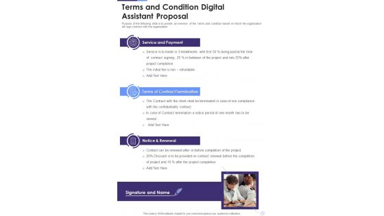 Terms And Condition Digital Assistant Proposal One Pager Sample Example Document Terms And Condition Digital Assistant Proposal One Pager Sample Example Document