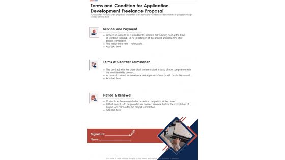 Terms And Condition For Application Development Freelance Proposal One Pager Sample Example Document