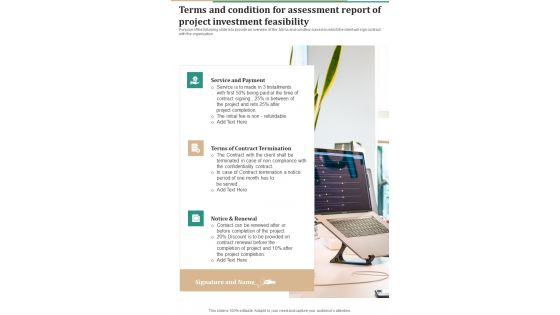 Terms And Condition For Assessment Report Of Project Investment Feasibility One Pager Sample Example Document