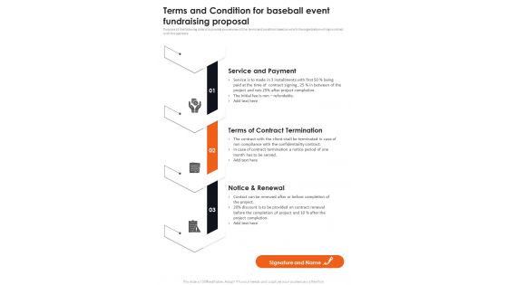 Terms And Condition For Baseball Event Fundraising Proposal One Pager Sample Example Document