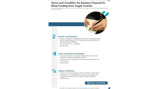 Terms And Condition For Business Proposal To Raise Funding From Angel Investor One Pager Sample Example Document