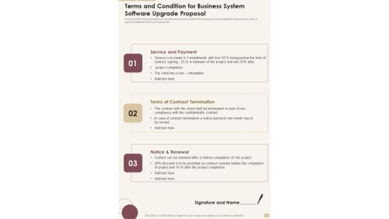 Terms And Condition For Business System Software Upgrade Proposal One Pager Sample Example Document Terms And Condition For Business System Software Upgrade Proposal One Pager Sample Example Document