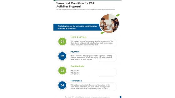 Terms And Condition For CSR Activities Proposal One Pager Sample Example Document Terms And Condition For CSR Activities Proposal One Pager Sample Example Document