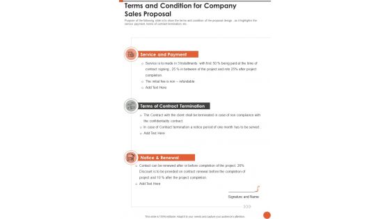 Terms And Condition For Company Sales Proposal One Pager Sample Example Document Terms And Condition For Company Sales Proposal One Pager Sample Example Document