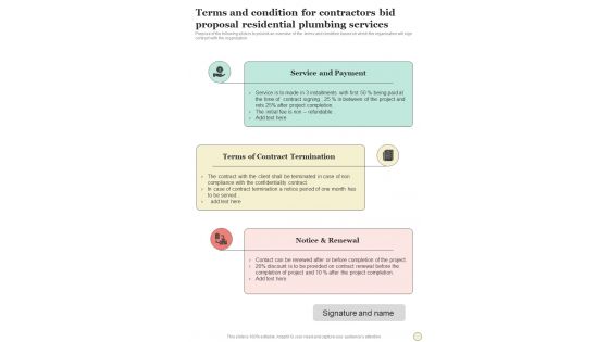 Terms And Condition For Contractors Bid Proposal Residential Plumbing Services One Pager Sample Example Document