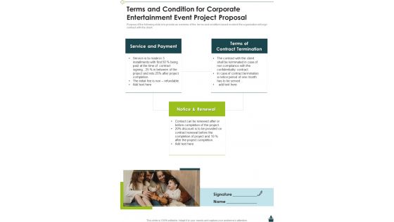 Terms And Condition For Corporate Entertainment Event Project Proposal One Pager Sample Example Document