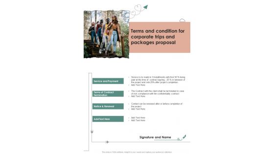 Terms And Condition For Corporate Trips And Packages Proposal One Pager Sample Example Document