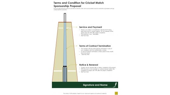 Terms And Condition For Cricket Match Sponsorship Proposal One Pager Sample Example Document