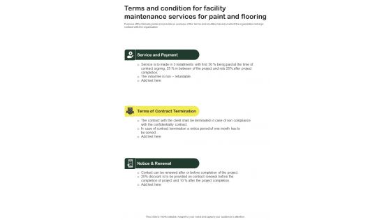Terms And Condition For Facility Maintenance Services For Paint And Flooring One Pager Sample Example Document