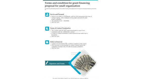 Terms And Condition For Grant Financing Proposal For Small Organization One Pager Sample Example Document