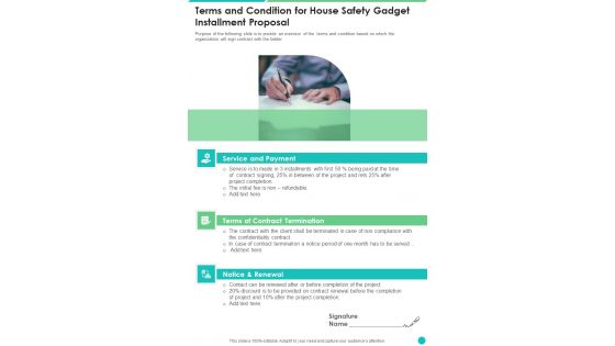 Terms And Condition For House Safety Gadget Installment Proposal One Pager Sample Example Document