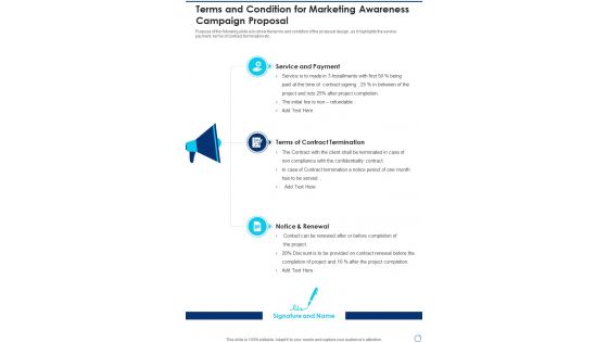 Terms And Condition For Marketing Awareness Campaign Proposal One Pager Sample Example Document Terms And Condition For Marketing Awareness Campaign Proposal One Pager Sample Example Document