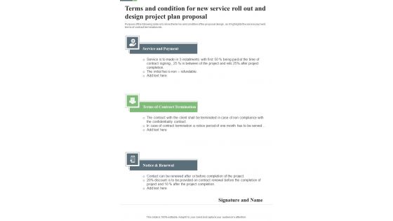 Terms And Condition For New Service Roll Out And Design Project Plan Proposal One Pager Sample Example Document Terms And Condition For New Service Roll Out And Design Project Plan Proposal One Pager Sample Example Document