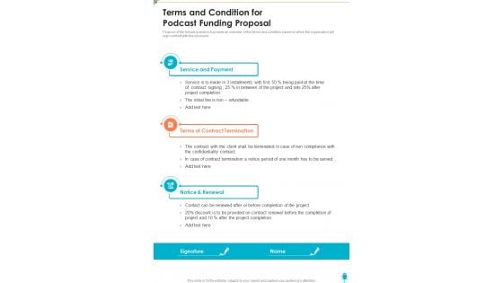 Terms And Condition For Podcast Funding Proposal One Pager Sample Example Document