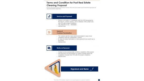 Terms And Condition For Post Real Estate Cleaning Proposal One Pager Sample Example Document Terms And Condition For Post Real Estate Cleaning Proposal One Pager Sample Example Document