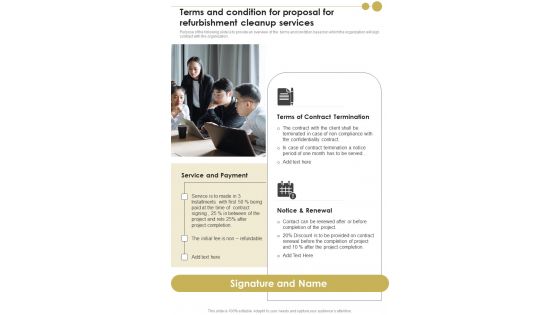 Terms And Condition For Proposal For Refurbishment Cleanup Services One Pager Sample Example Document