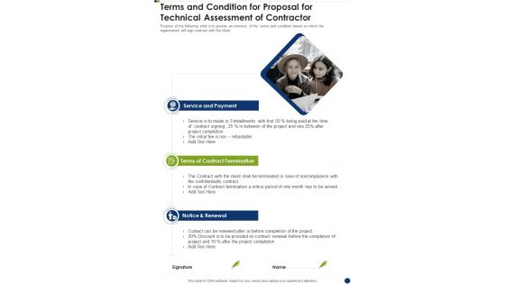 Terms And Condition For Proposal For Technical Assessment Of Contractor One Pager Sample Example Document