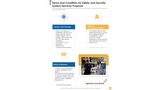 Terms And Condition For Safety And Security System Services Proposal One Pager Sample Example Document