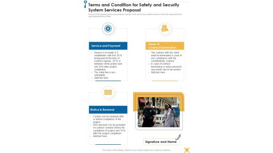 Terms And Condition For Safety And Security System Services Proposal One Pager Sample Example Document Terms And Condition For Safety And Security System Services Proposal One Pager Sample Example Document