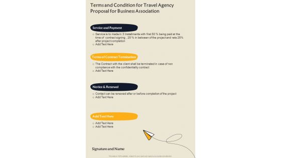 Terms And Condition For Travel Agency Proposal For Business Association One Pager Sample Example Document