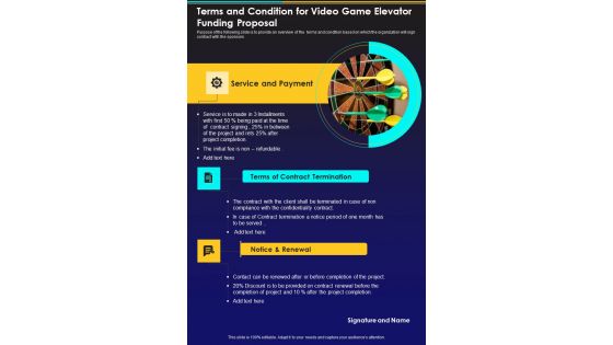 Terms And Condition For Video Game Elevator Funding Proposal One Pager Sample Example Document