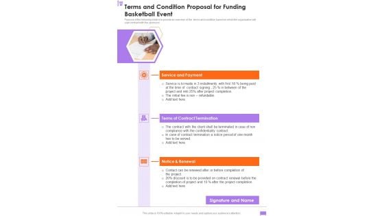 Terms And Condition Proposal For Funding Basketball Event One Pager Sample Example Document