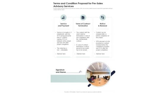 Terms And Condition Proposal For Pre Sales Advisory Services One Pager Sample Example Document Terms And Condition Proposal For Pre Sales Advisory Services One Pager Sample Example Document