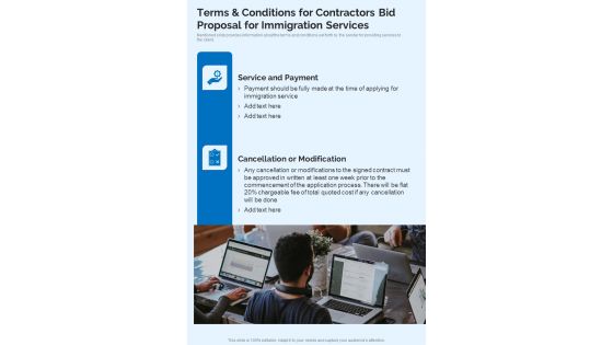 Terms And Conditions Contractors Bid Proposal For Immigration Services One Pager Sample Example Document