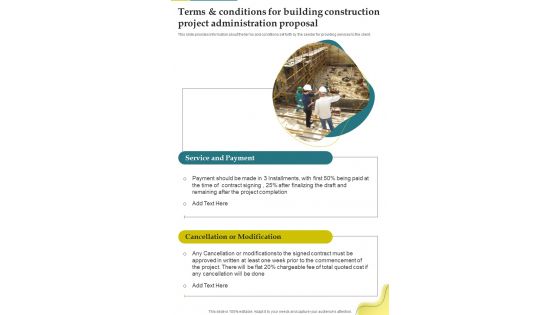 Terms And Conditions For Building Construction Project Administration Proposal One Pager Sample Example Document Terms And Conditions For Building Construction Project Administration Proposal One Pager Sample Example Document