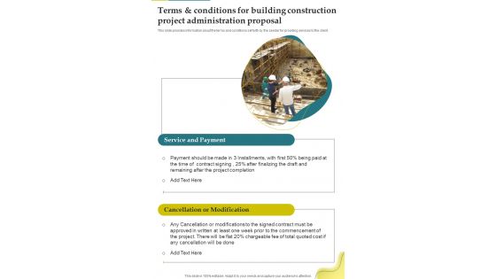 Terms And Conditions For Building Construction Project Administration Proposal One Pager Sample Example Document