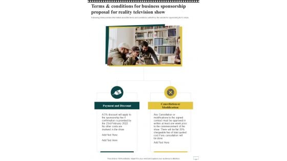 Terms And Conditions For Business Sponsorship Proposal For Reality Television Show One Pager Sample Example Document Terms And Conditions For Business Sponsorship Proposal For Reality Television Show One Pager Sample Example Document